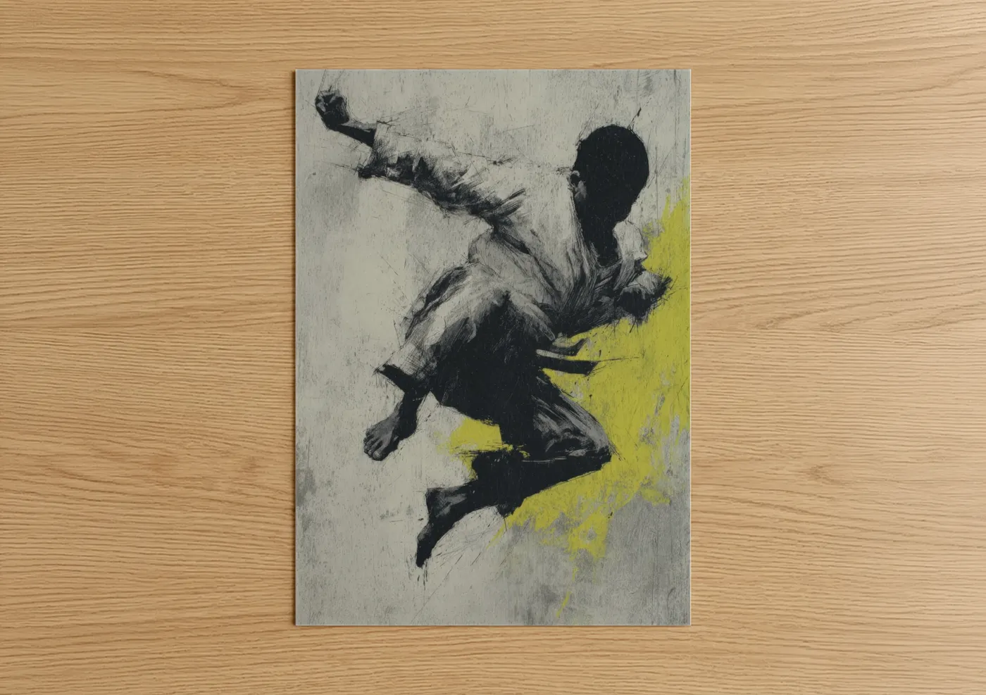 Art print on warm oak wood — black and white and yellow palette — Dynamic Capoeira Kick poster