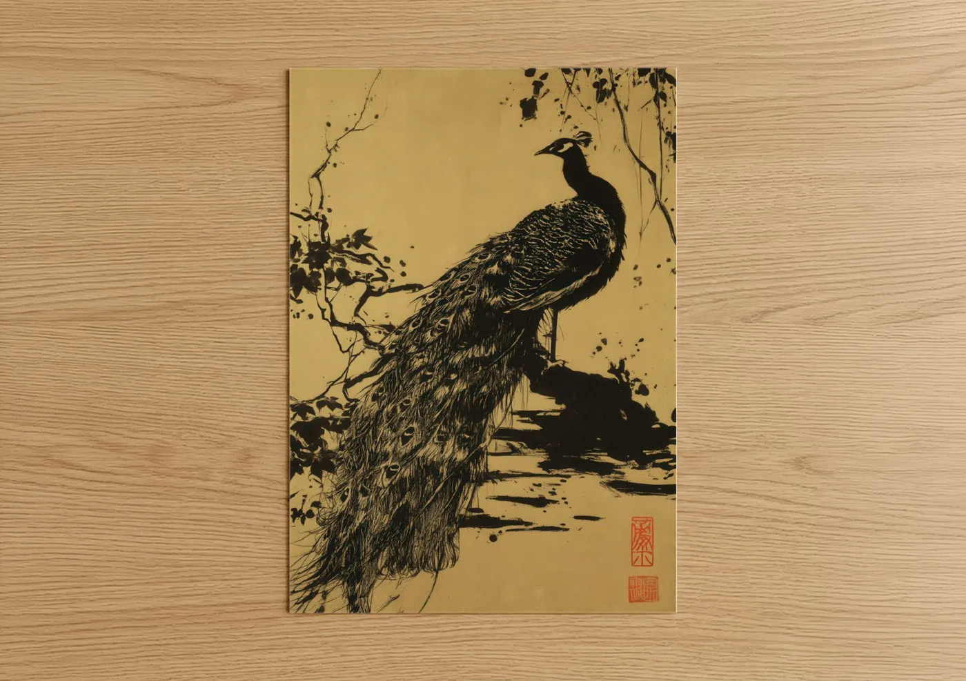 Golden Peacock Japanese Woodblock Wall Art
