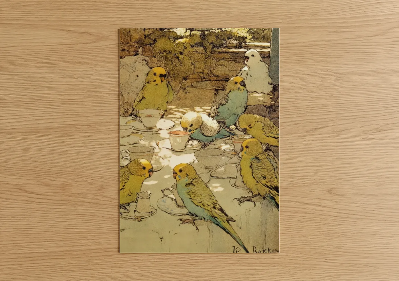 Budgerigar Tea Party Vintage Illustration Wall Art