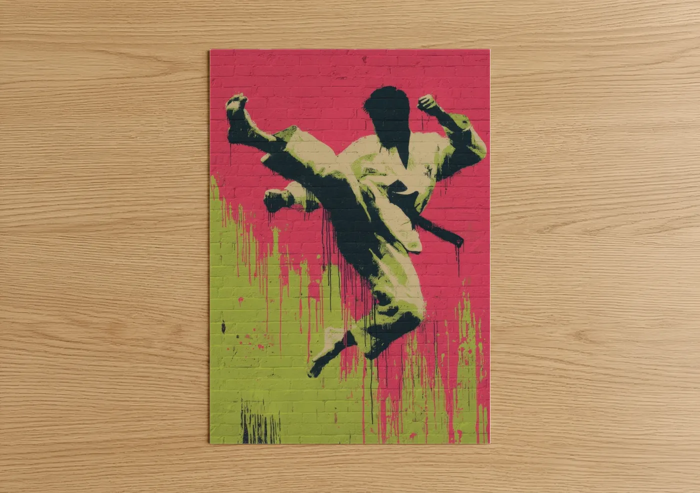 Taekwondo art print on warm oak wood — magenta and lime green palette — Dynamic Kick Warrior poster