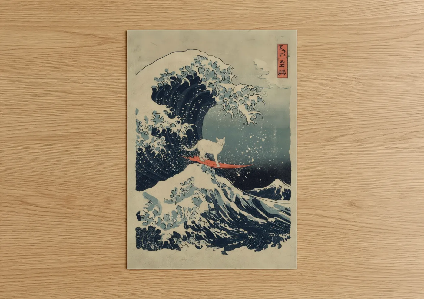 Great Wave Cat Japanese Woodblock Wall Art