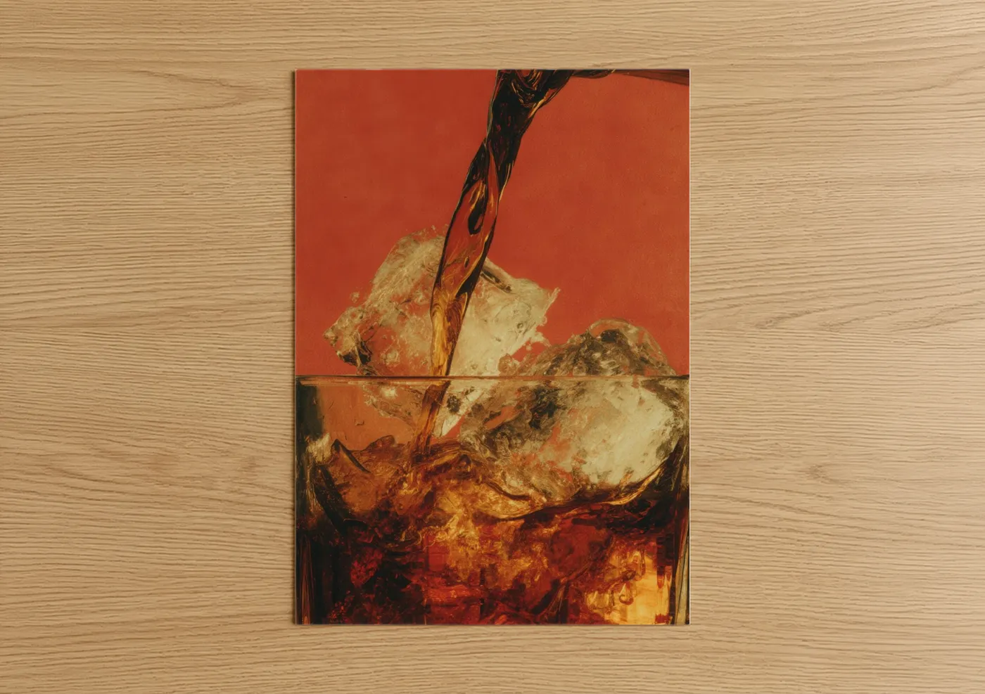 Iced tea art print on warm oak wood — orange and gold palette — Amber Pour poster