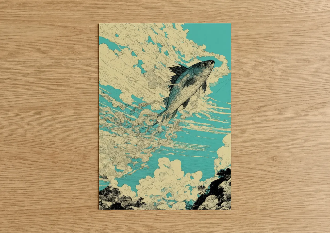 Celestial Dragon Fish Surreal Illustration Wall Art