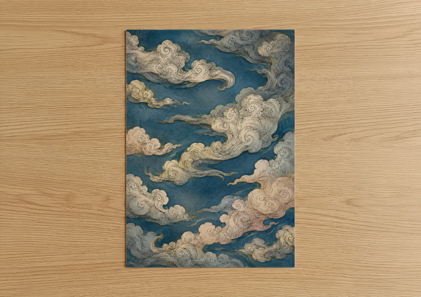 Art print on warm oak wood — blue and gold palette — Japanese Cloud Sky Wall Art poster