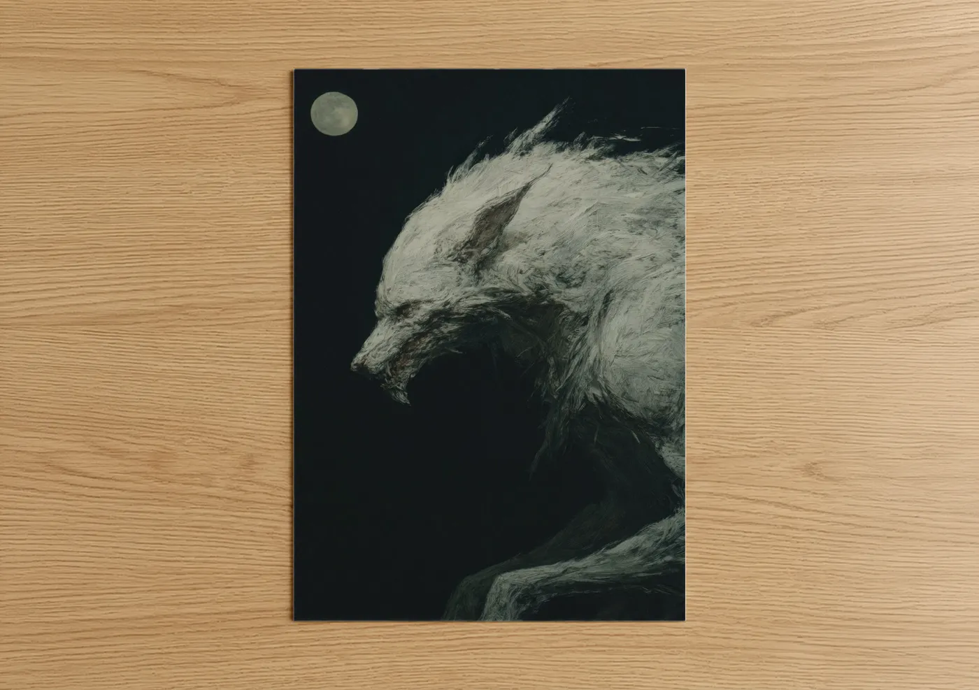 Art print on warm oak wood — black and white and gray palette — Moonlit Werewolf poster