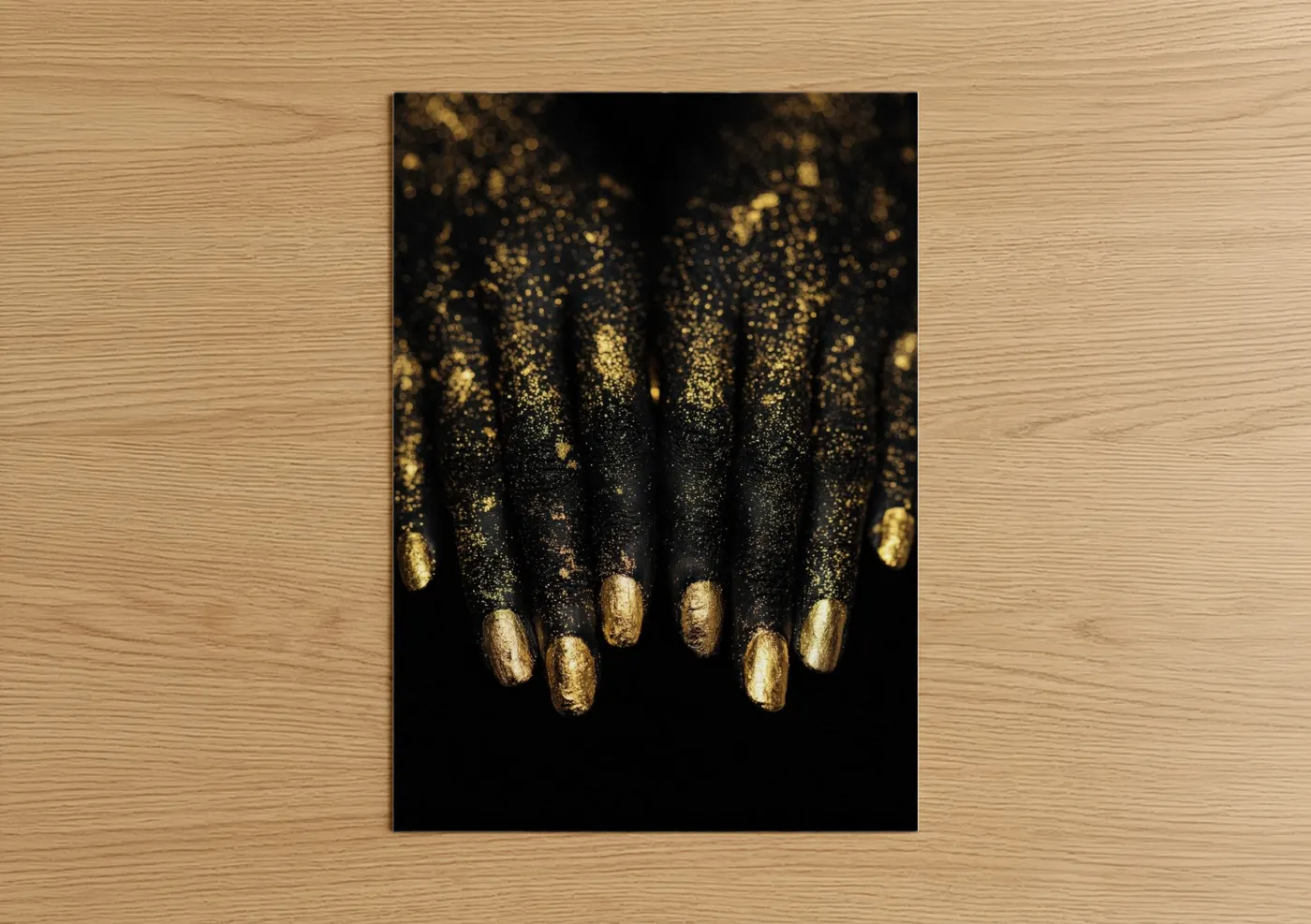 Art print on warm oak wood — black and gold and gold palette — Golden Glitter Nails poster
