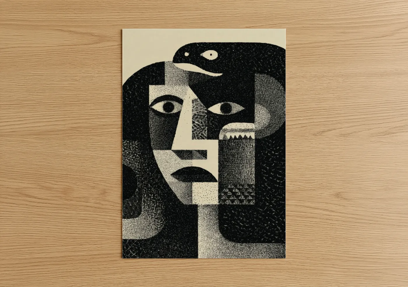 Art print on warm oak wood — black and white palette — Geometric Medusa poster