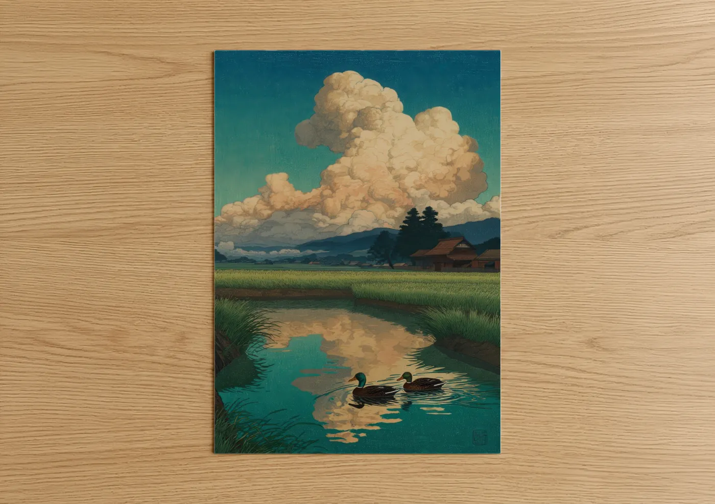 Ducks art print on warm oak wood — teal and cream palette — Pastoral Duck Pond poster