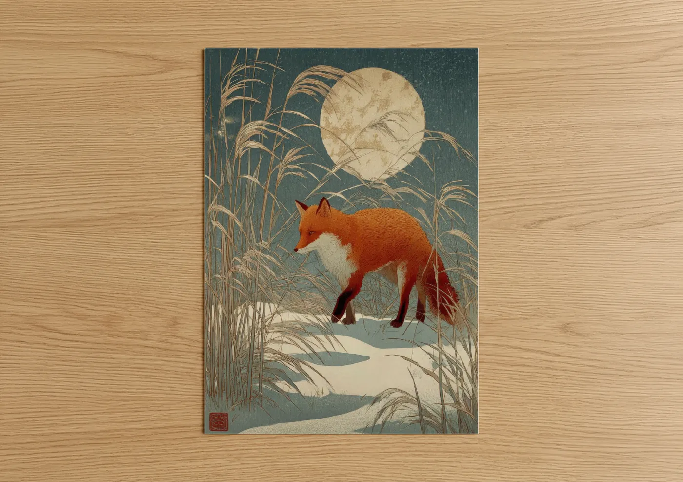 Moonlit Fox Winter Woodblock Print Wall Art