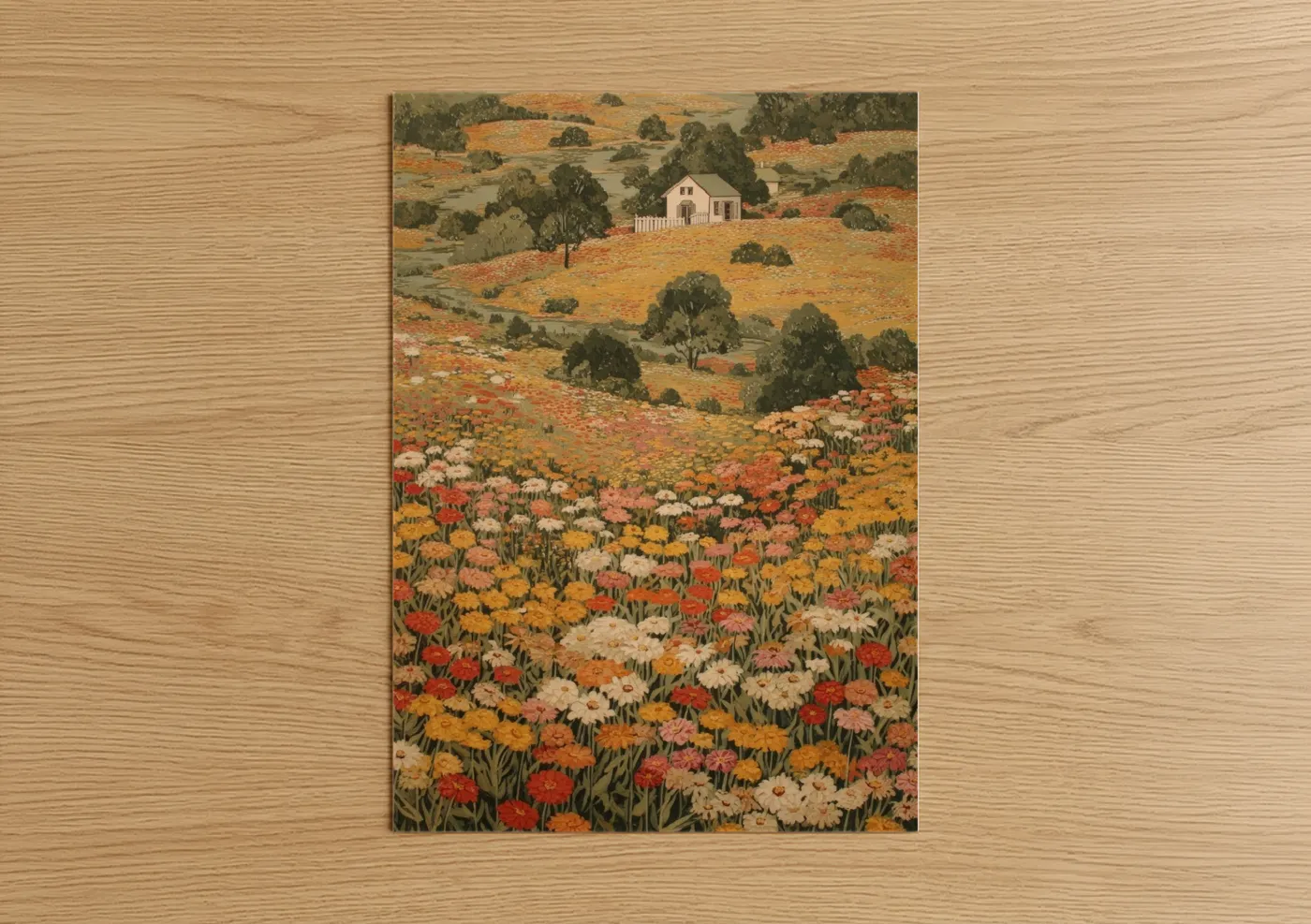 Flower field art print on warm oak wood — gold and orange palette — Wildflower Cottage poster