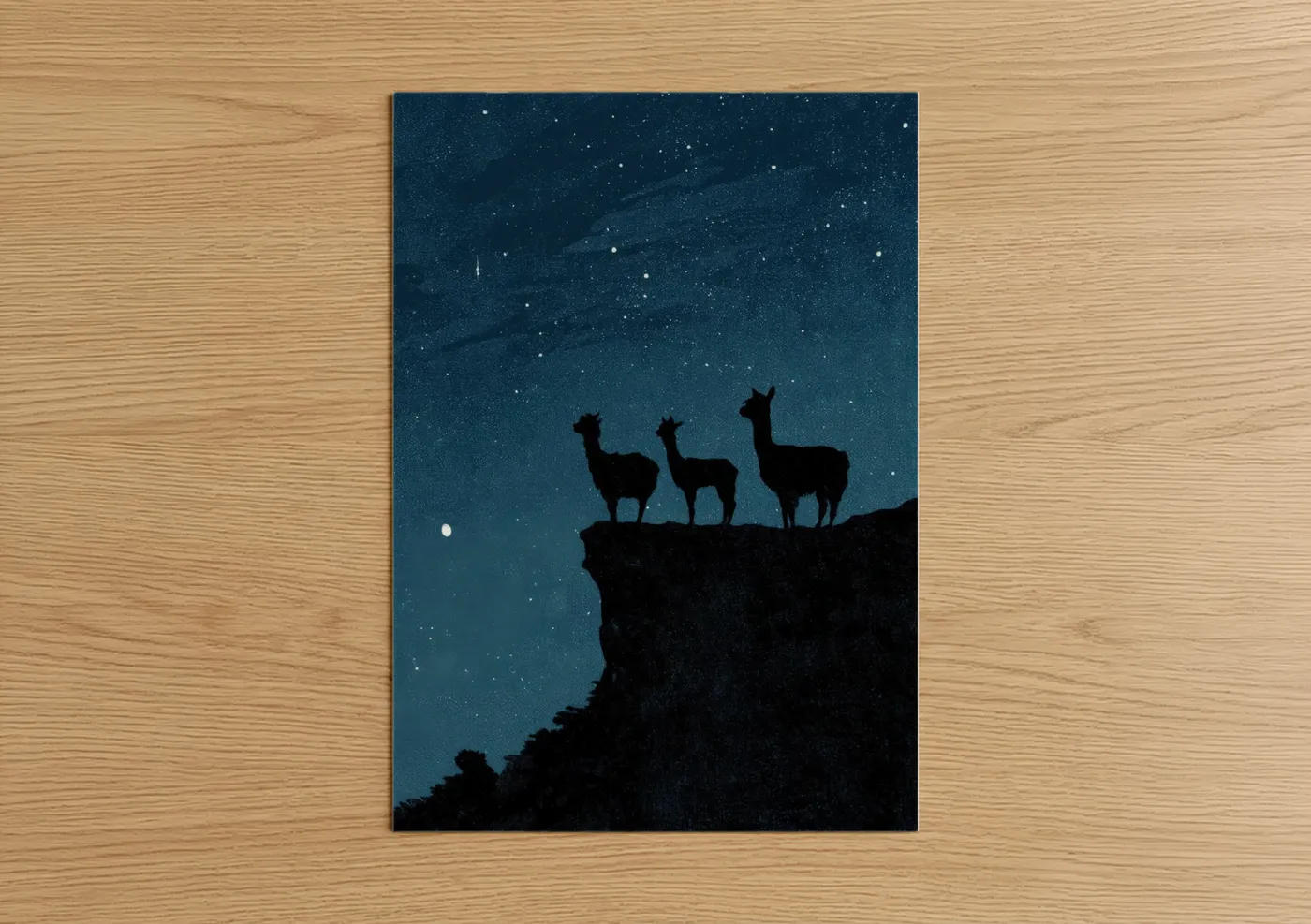 Art print on warm oak wood — dark blue and white palette — Starlit Alpacas poster