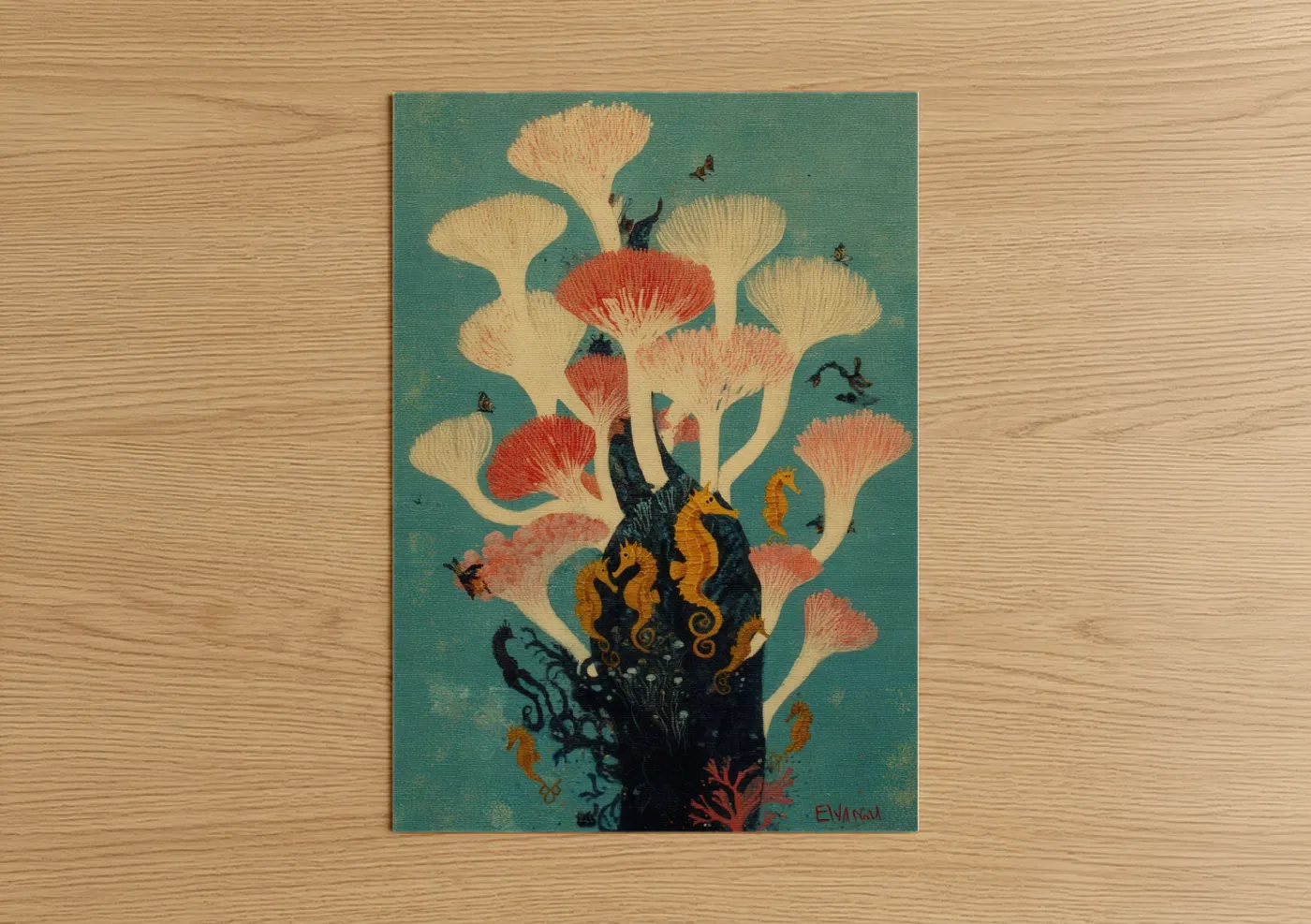 Sea anemone art print on warm oak wood — teal and peach palette — Bioluminescent Anemone poster