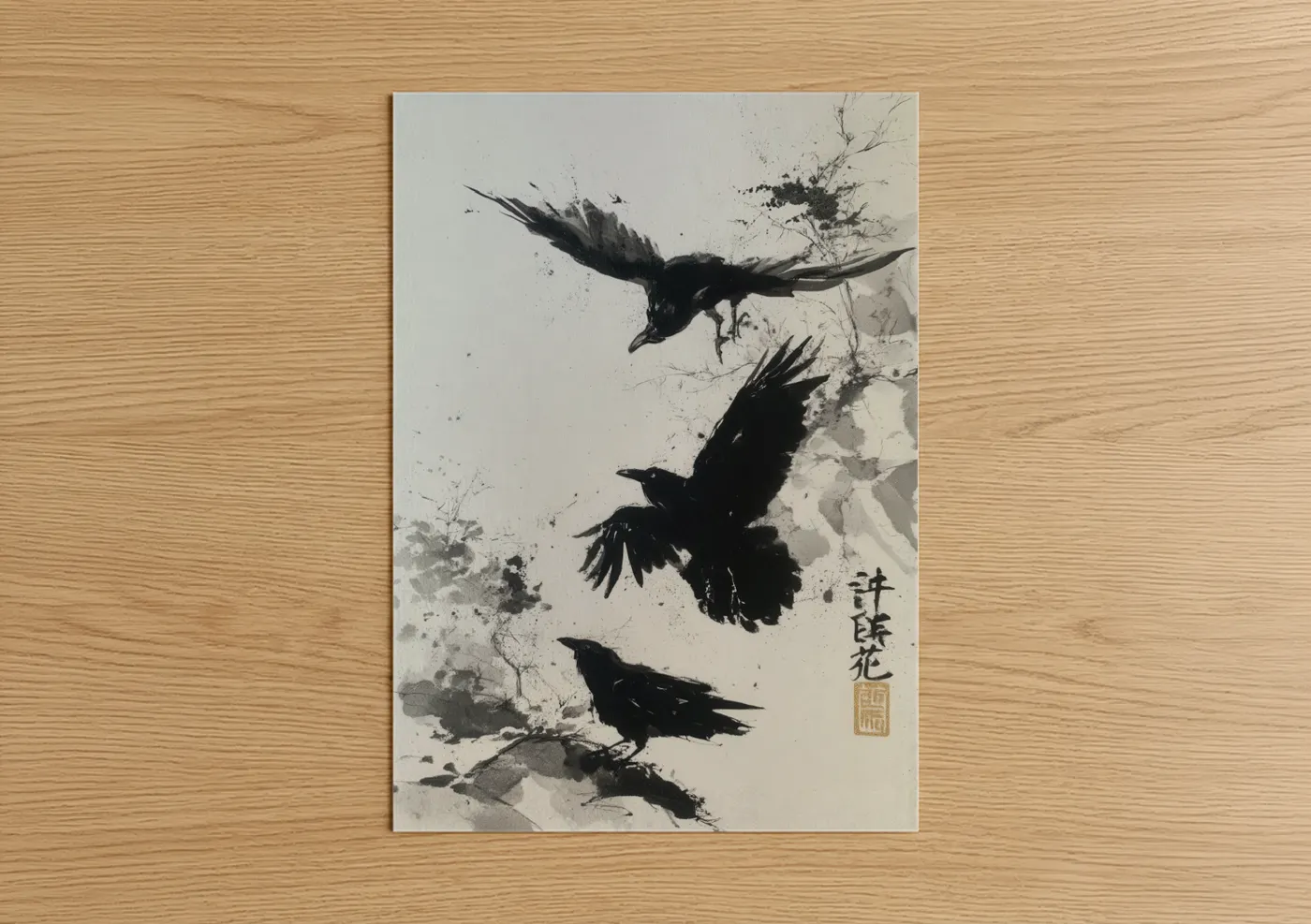 Dynamic Crows Ink Watercolor Wall Art