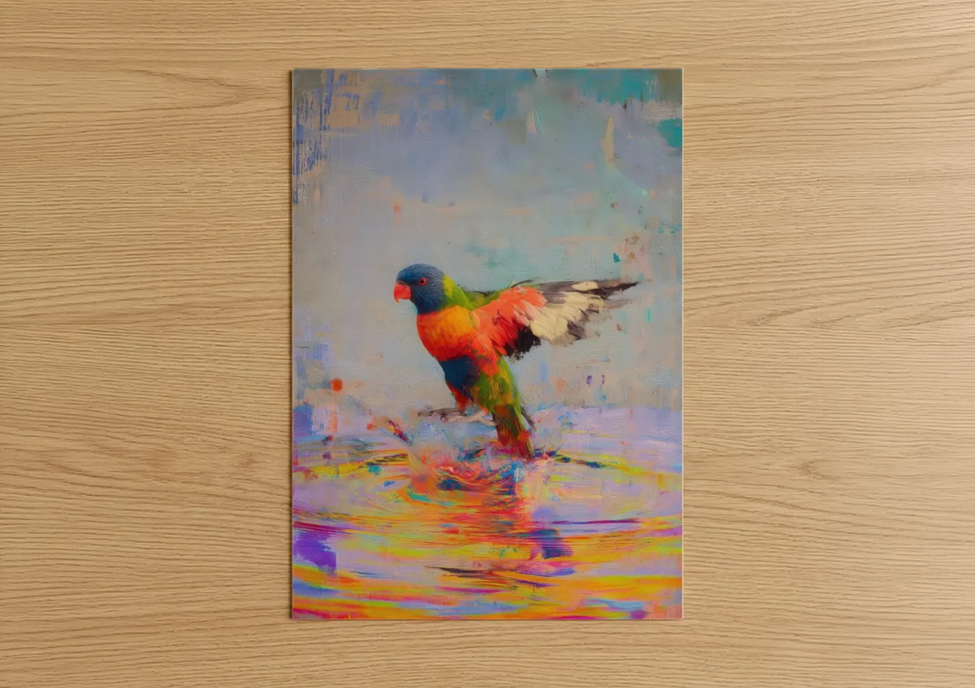 Rainbow lorikeet art print on warm oak wood — orange and blue palette — Colorful Lorikeet poster
