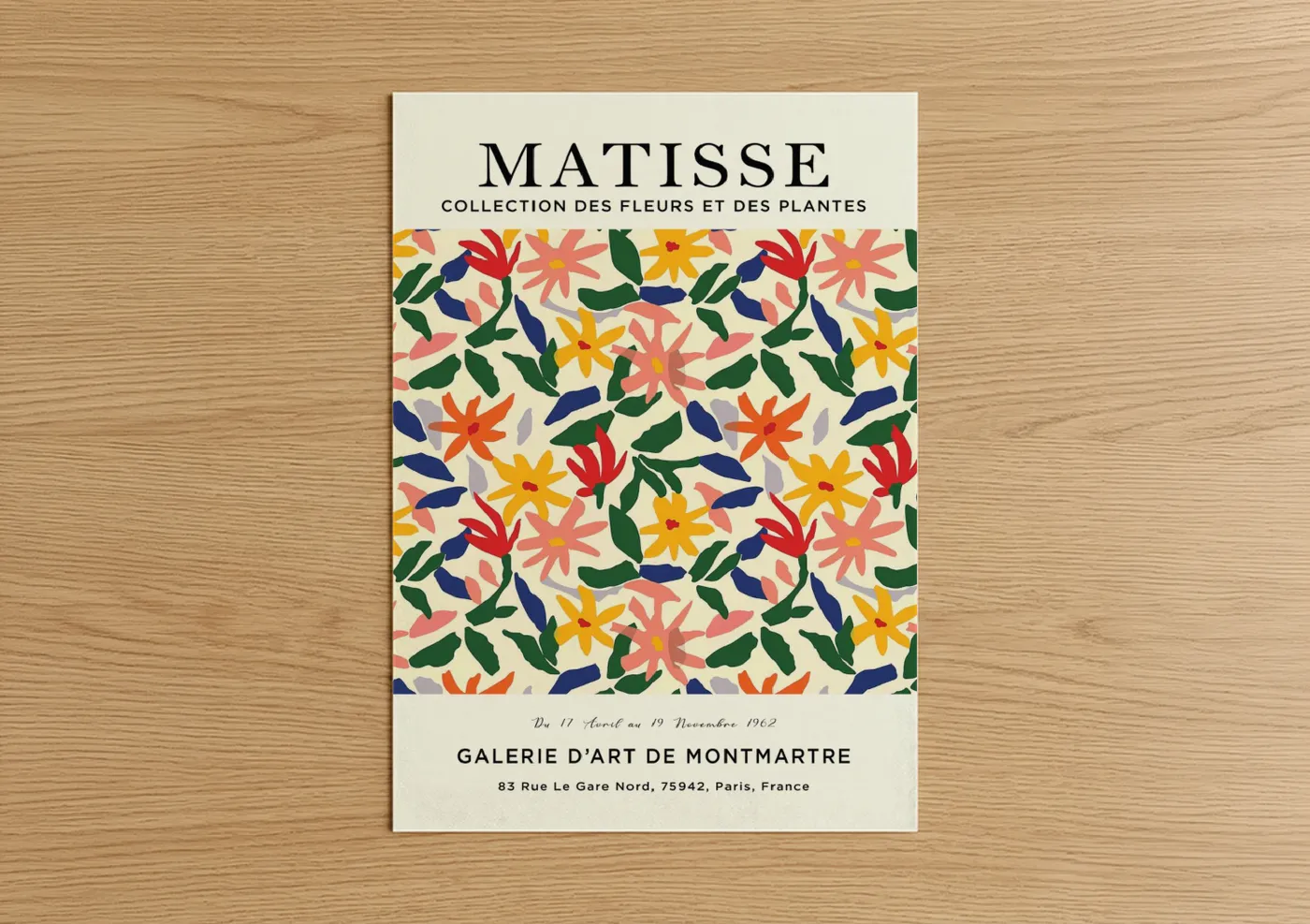 Abstract flower art print on warm oak wood — cream palette — Matisse Floral poster