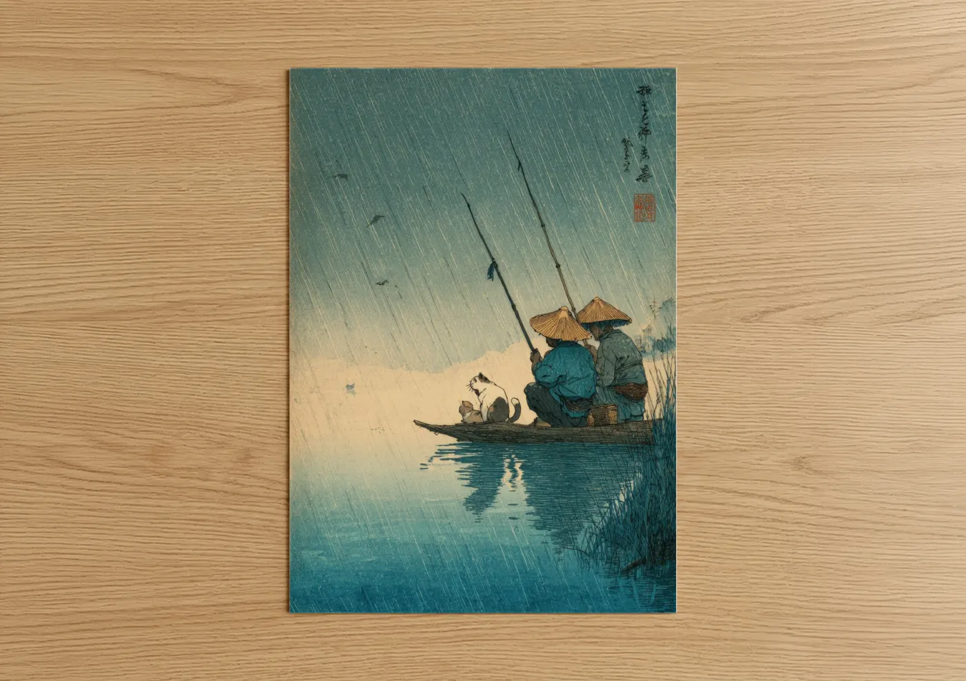 Japanese Fishermen Rain Woodblock Wall Art