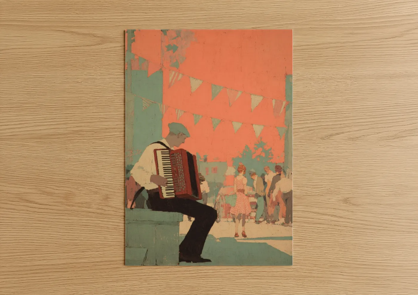 Art print on warm oak wood — pumpkin and sage green palette — Street Accordion Player poster