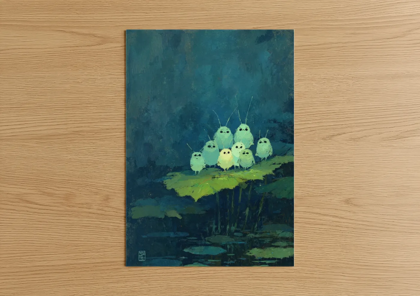 Art print on warm oak wood — teal and light green palette — Luminous Fireflies poster