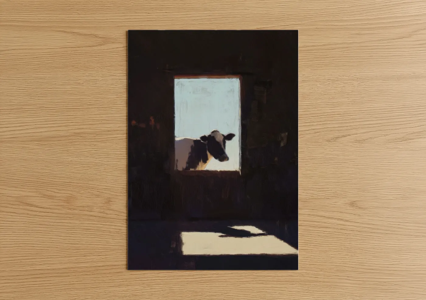 Jersey cow art print on warm oak wood — black and cream palette — Barn Window Cow poster