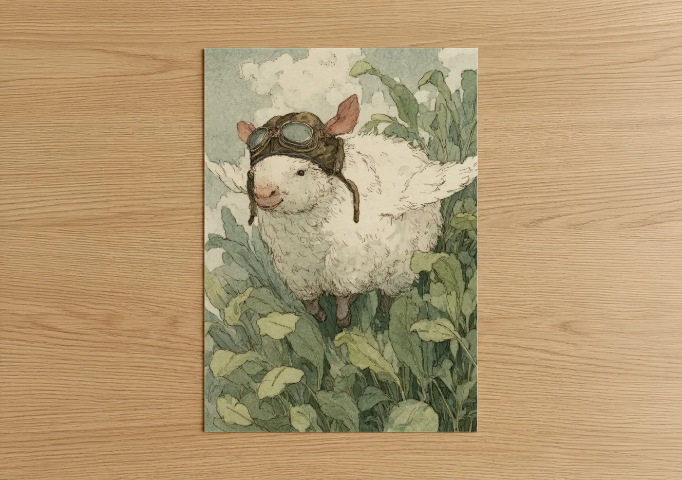 Art print on warm oak wood — cream and light green palette — Adventure Pegasus poster