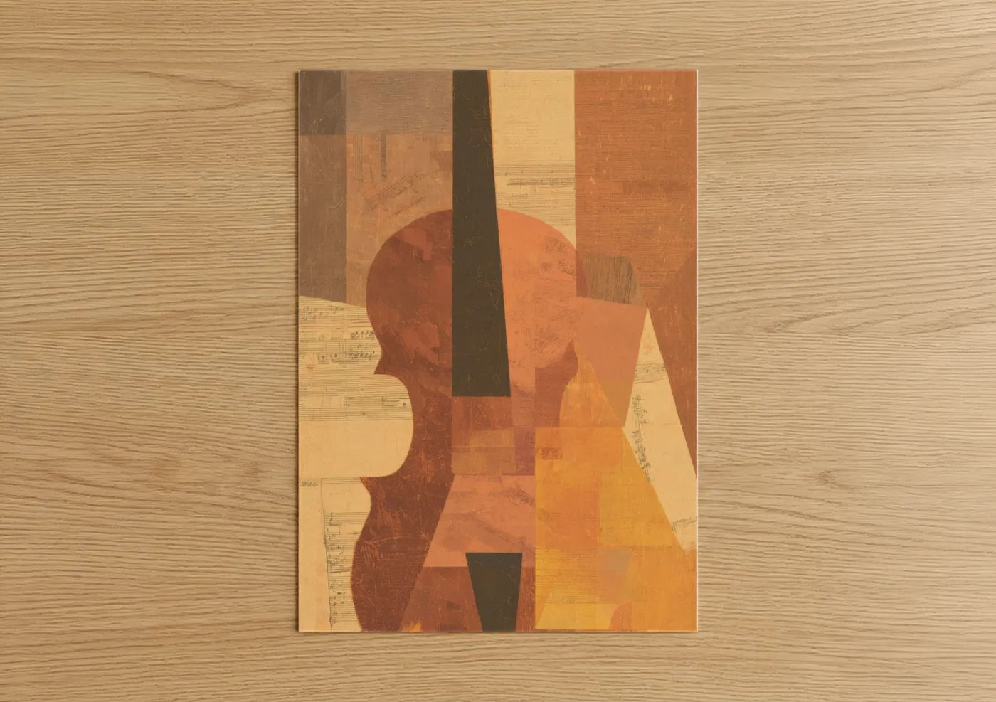 Abstract geometric art print on warm oak wood — russet and gold palette — Warm Geometric Harmony poster