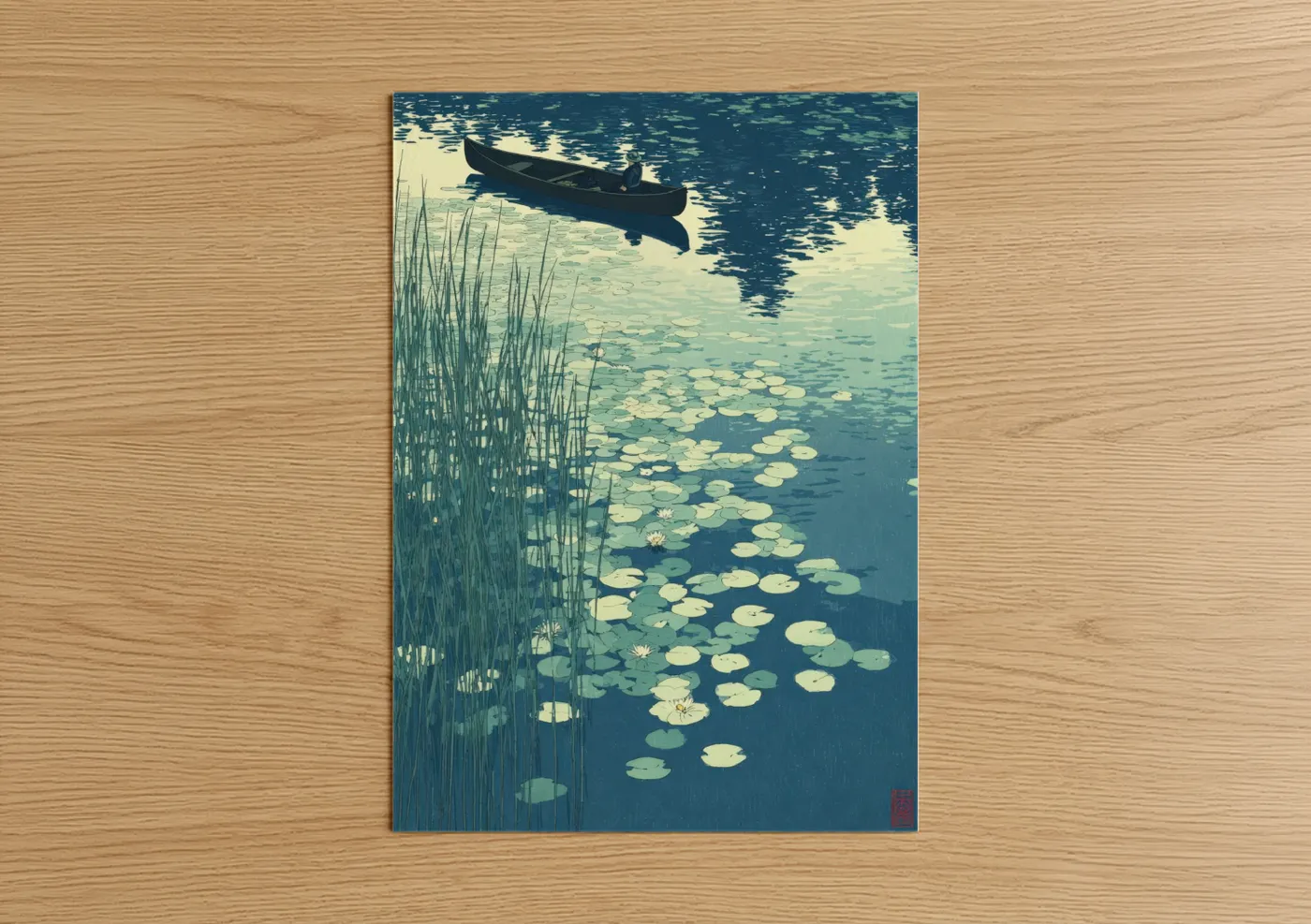 Canoeing and kayaking art print on warm oak wood — blue and cream palette — Serene Paddler poster