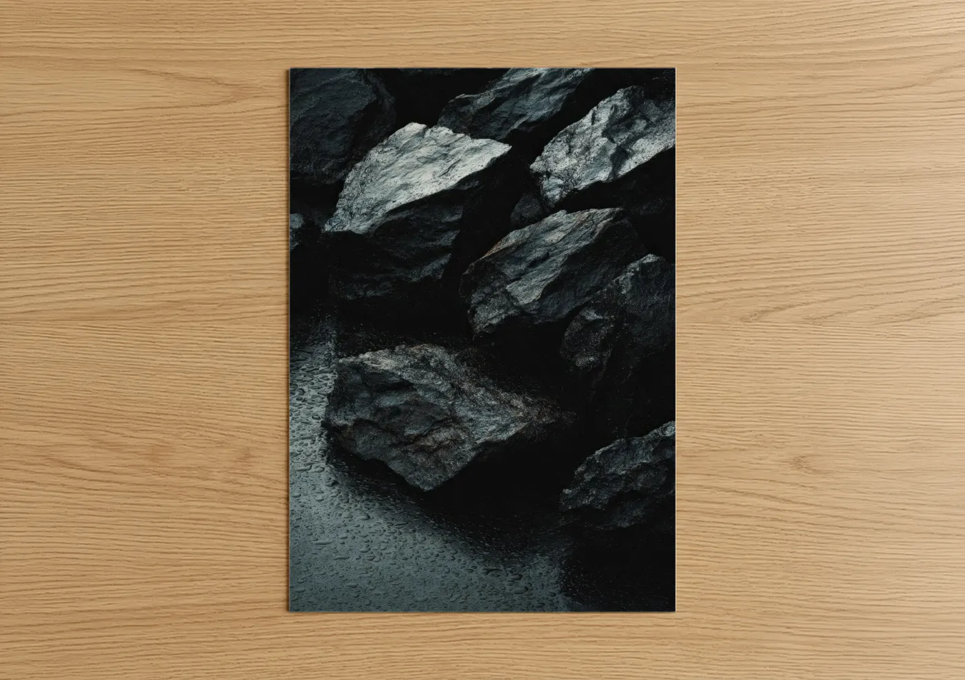 Natural stones art print on warm oak wood — black and white and gray palette — Slate Water Stones poster