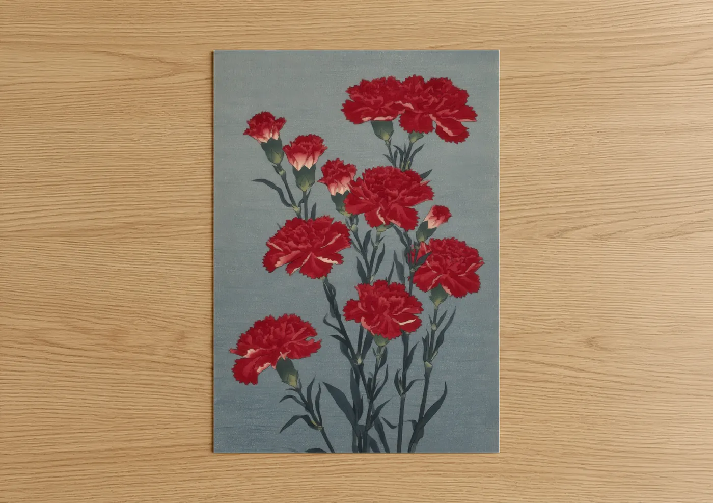 Art print on warm oak wood — red and gray palette — Crimson Carnations poster