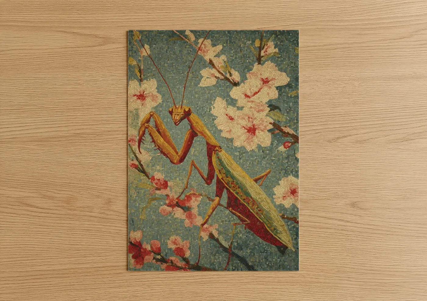 Prayin mantis art print on warm oak wood — sage green and gold and pink palette — Mosaic Mantis poster
