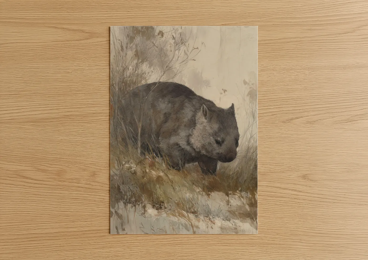Art print on warm oak wood — beige and brown palette — Grassy Wombat poster