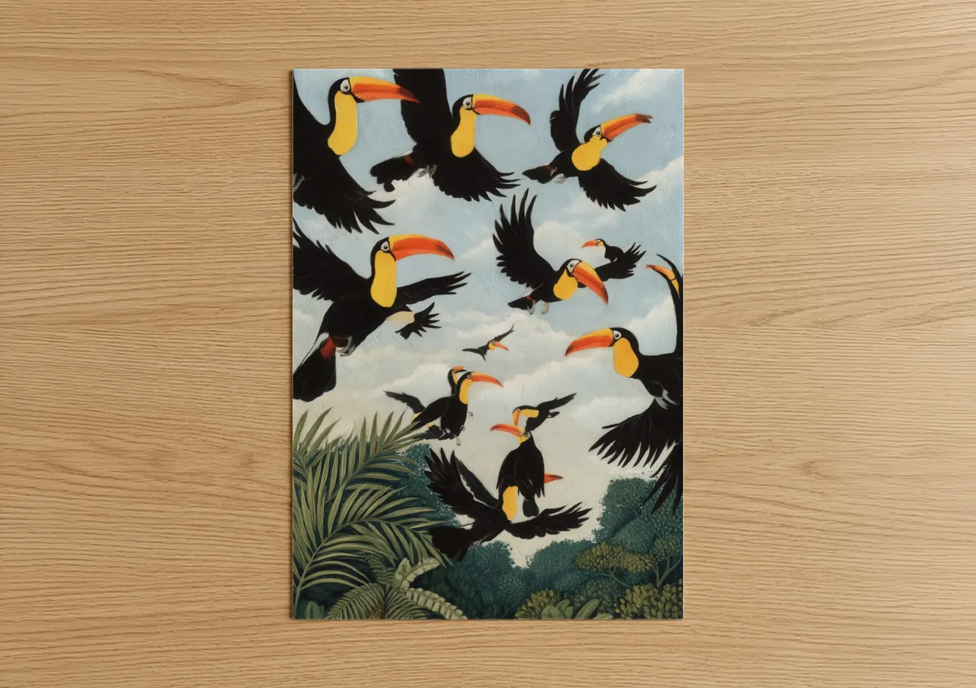 Art print on warm oak wood — orange and blue and white palette — Tropical Toucan Flight poster