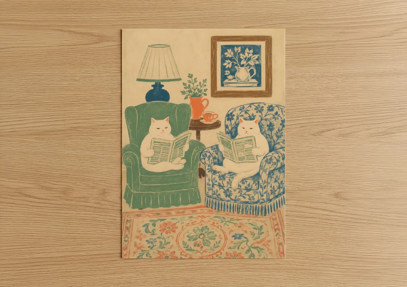 Art print on warm oak wood — teal and beige palette — Cats Reading Newspapers Wall Art poster