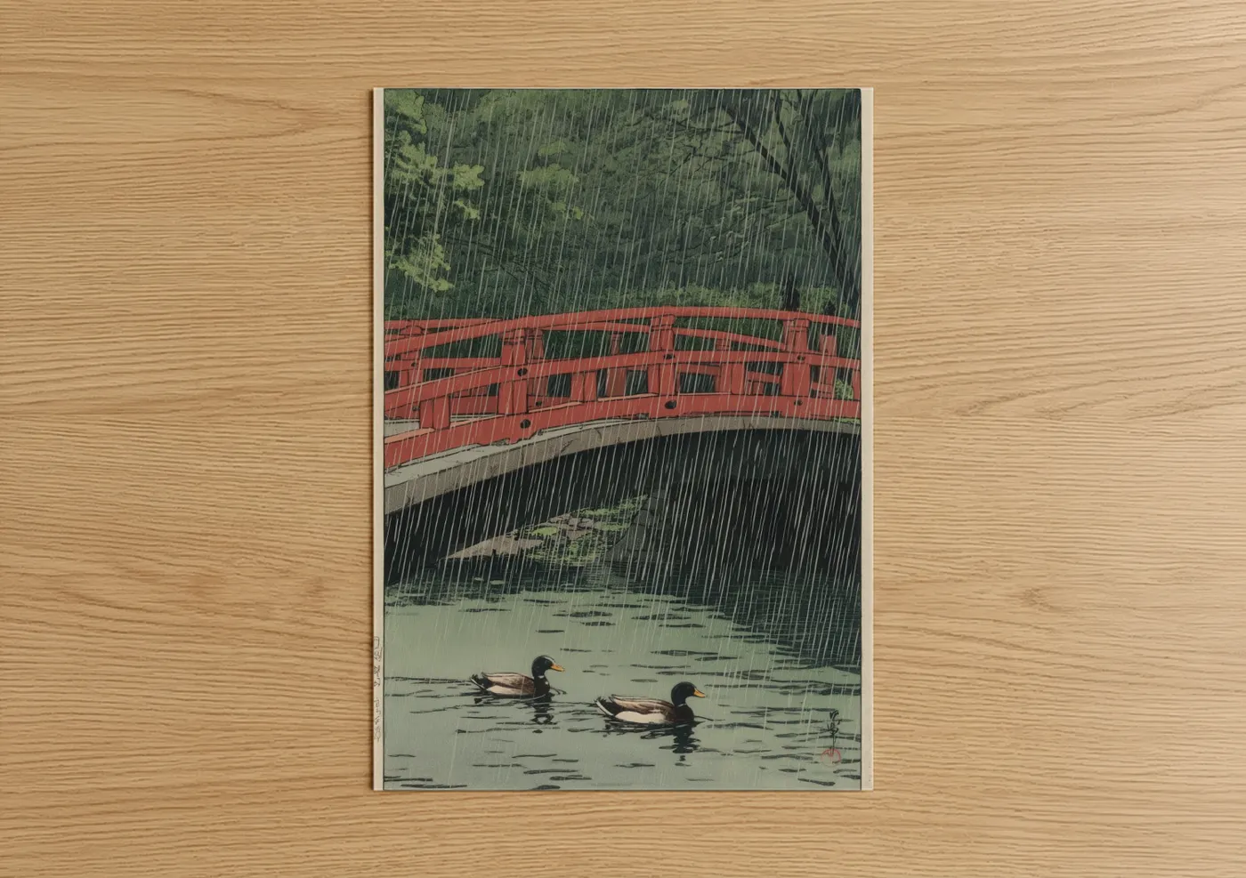 Art print on warm oak wood — dark green and red palette — Rainy Bridge Ducks poster