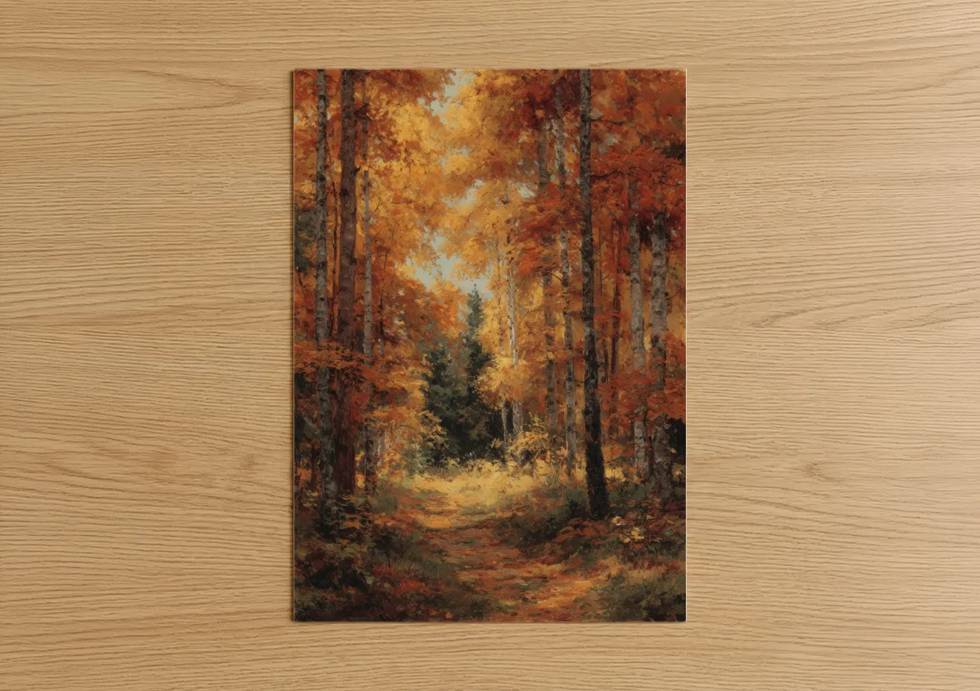 Art print on warm oak wood — gold and russet palette — Golden Maple Forest poster