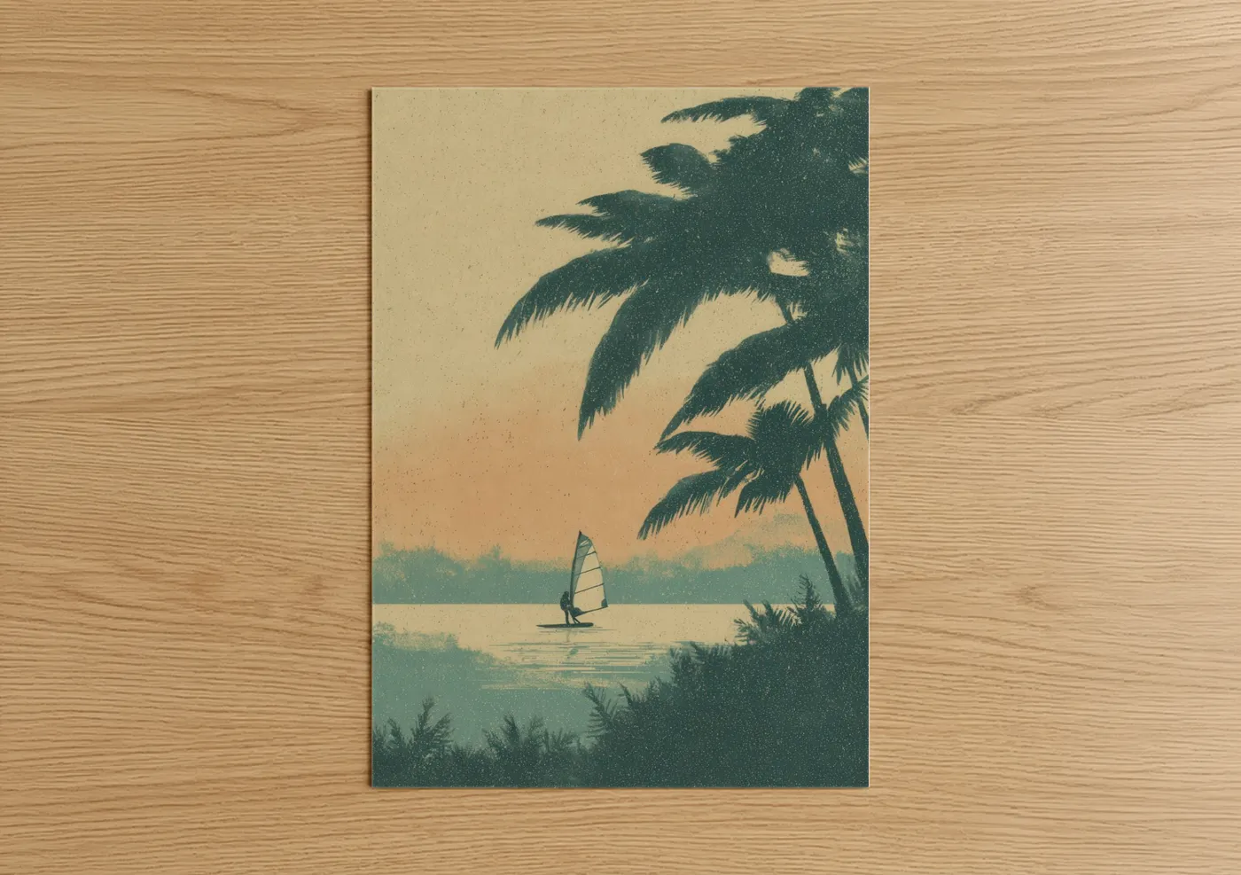 Art print on warm oak wood — cream and teal palette — Tropical Windsurfing poster