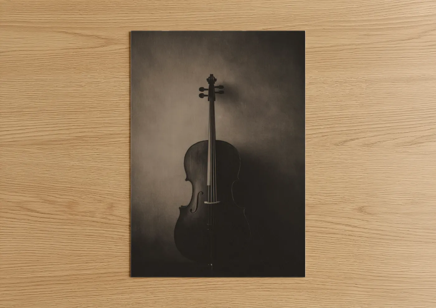 Art print on warm oak wood — black and espresso palette — Dark Cello Study poster