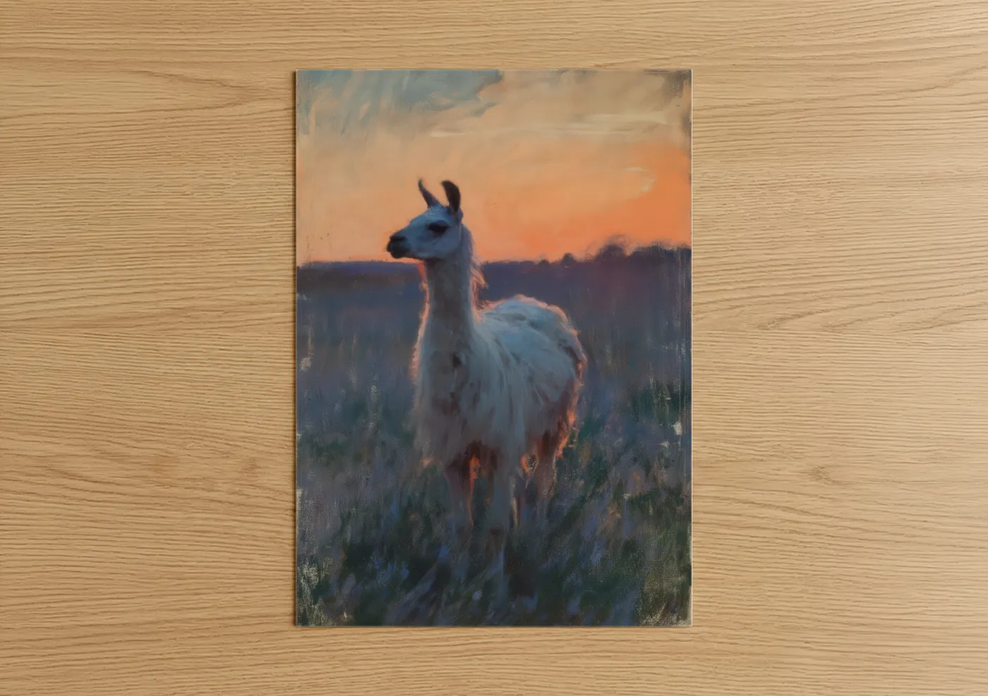 Art print on warm oak wood — orange and blue palette — Sunset Llama poster