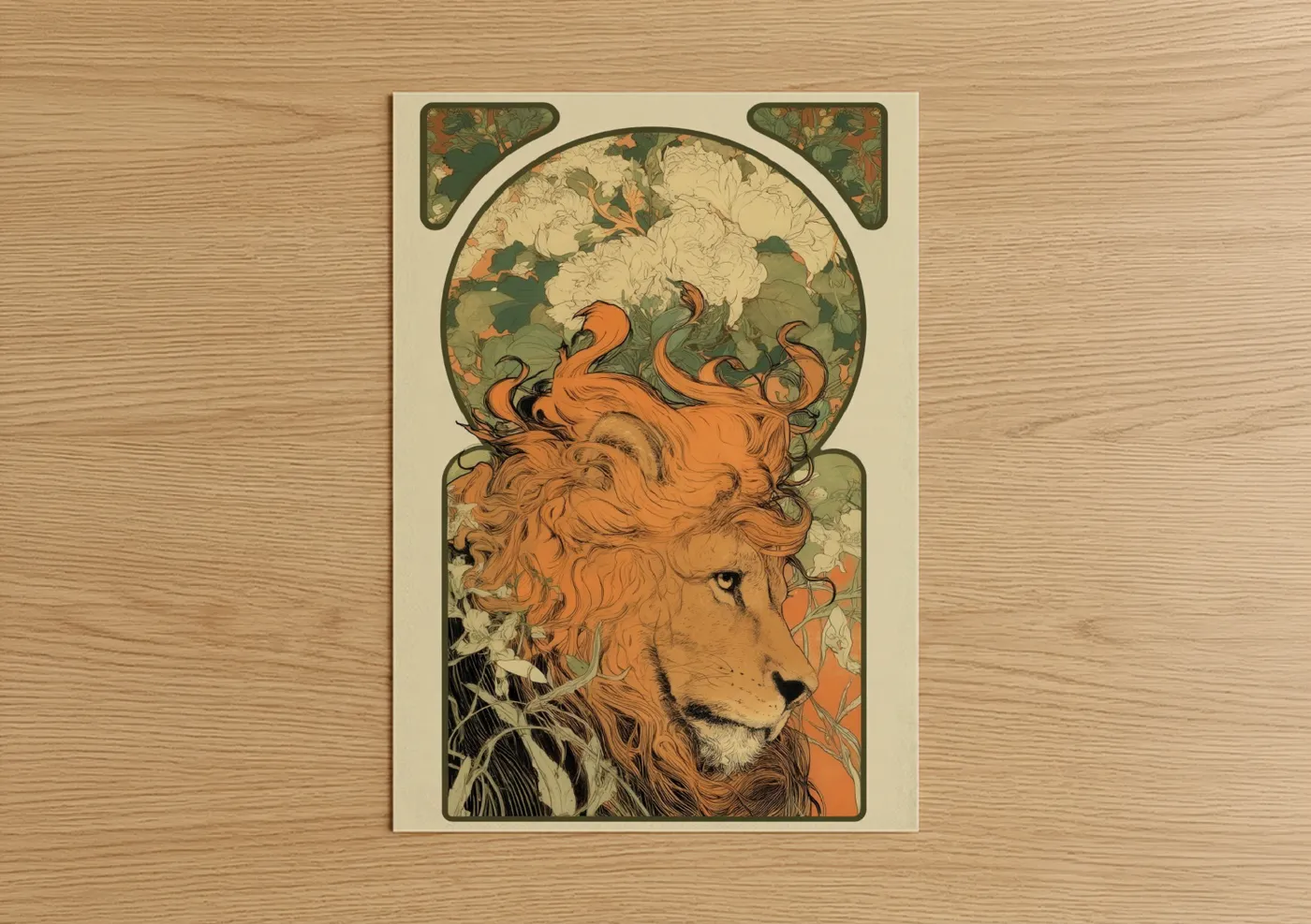 Orange Lion with White Flowers Wall Art