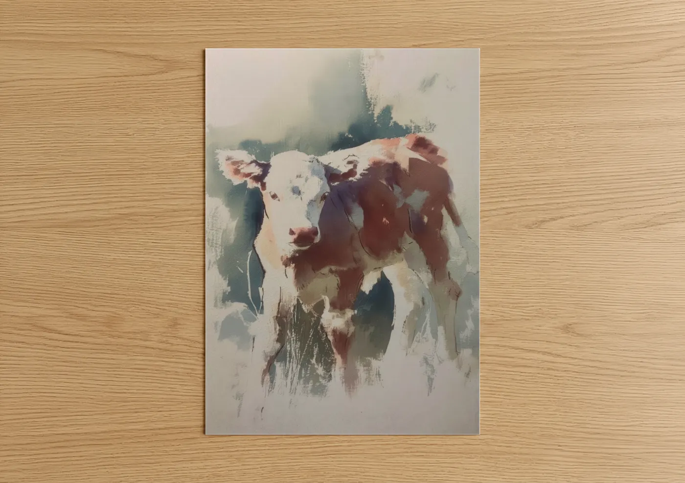 Hereford cow art print on warm oak wood — russet and cream palette — Rustic Hereford poster