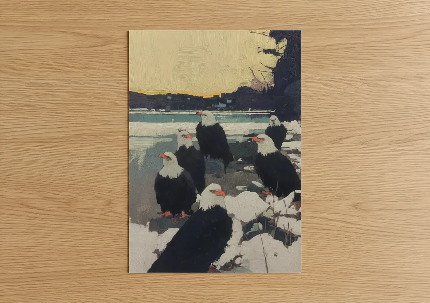 Art print on warm oak wood — teal and white palette — Winter Eagles Gathering poster