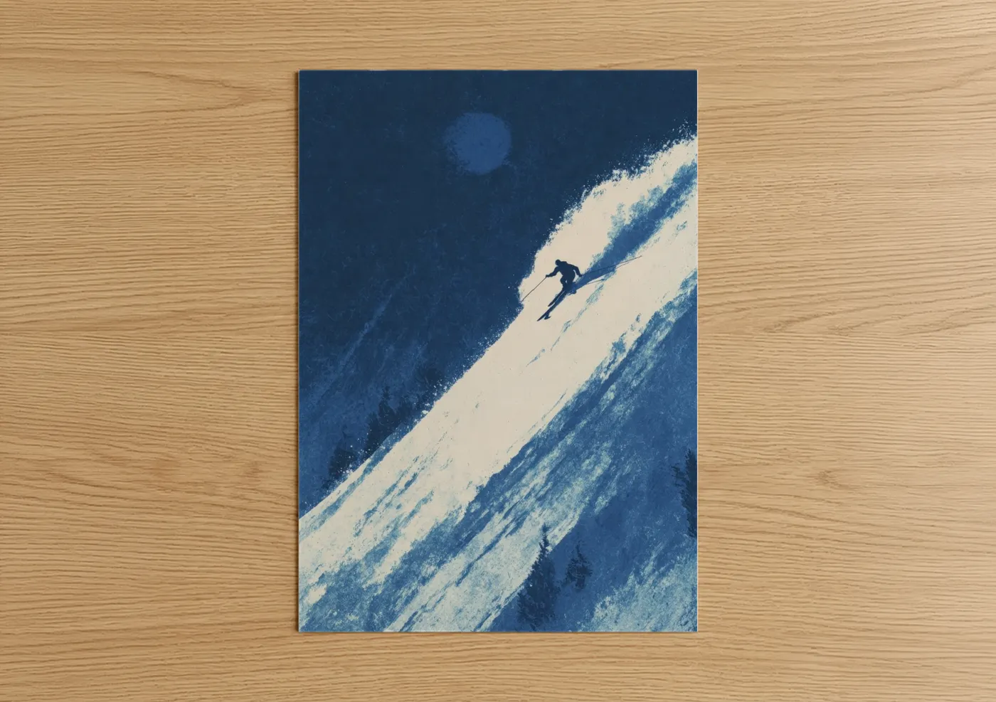 Skiing art print on warm oak wood — blue and white palette — Alpine Descent poster