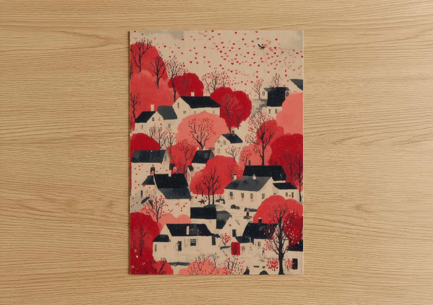 Valentine's day art print on warm oak wood — red and cream palette — Love Village poster