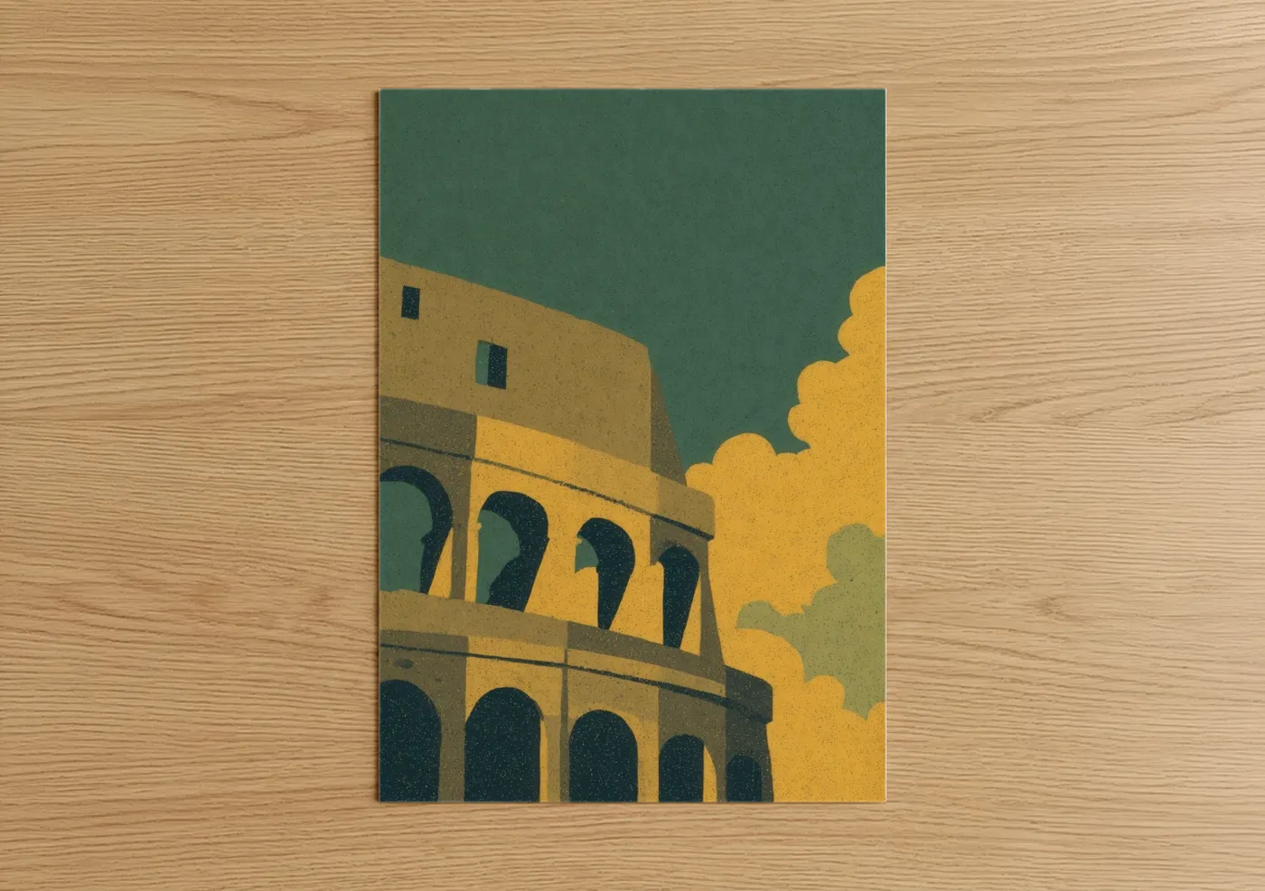 Art print on warm oak wood — gold and teal palette — Golden Colosseum poster