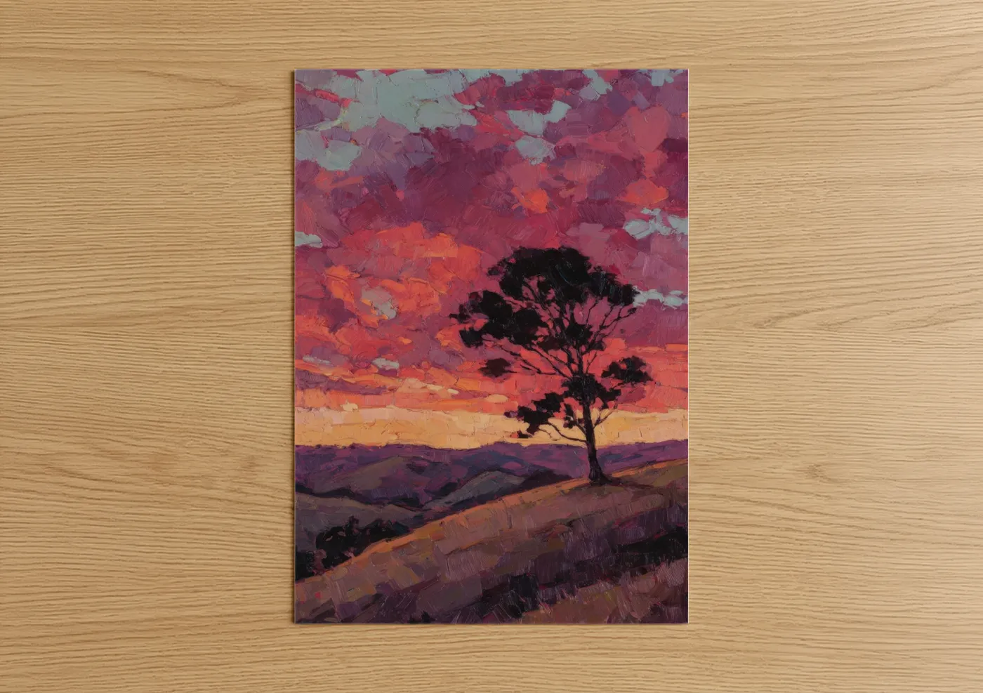 Kauri tree art print on warm oak wood — magenta and gold palette — Crimson Kauri Sunset poster