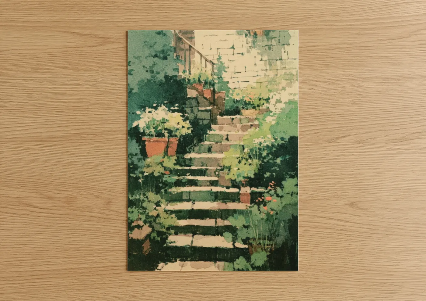Art print on warm oak wood — sage green and cream palette — Garden Staircase poster