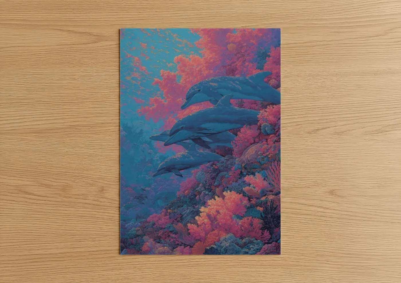 Dolphins Swimming Vibrant Coral Reef Wall Art