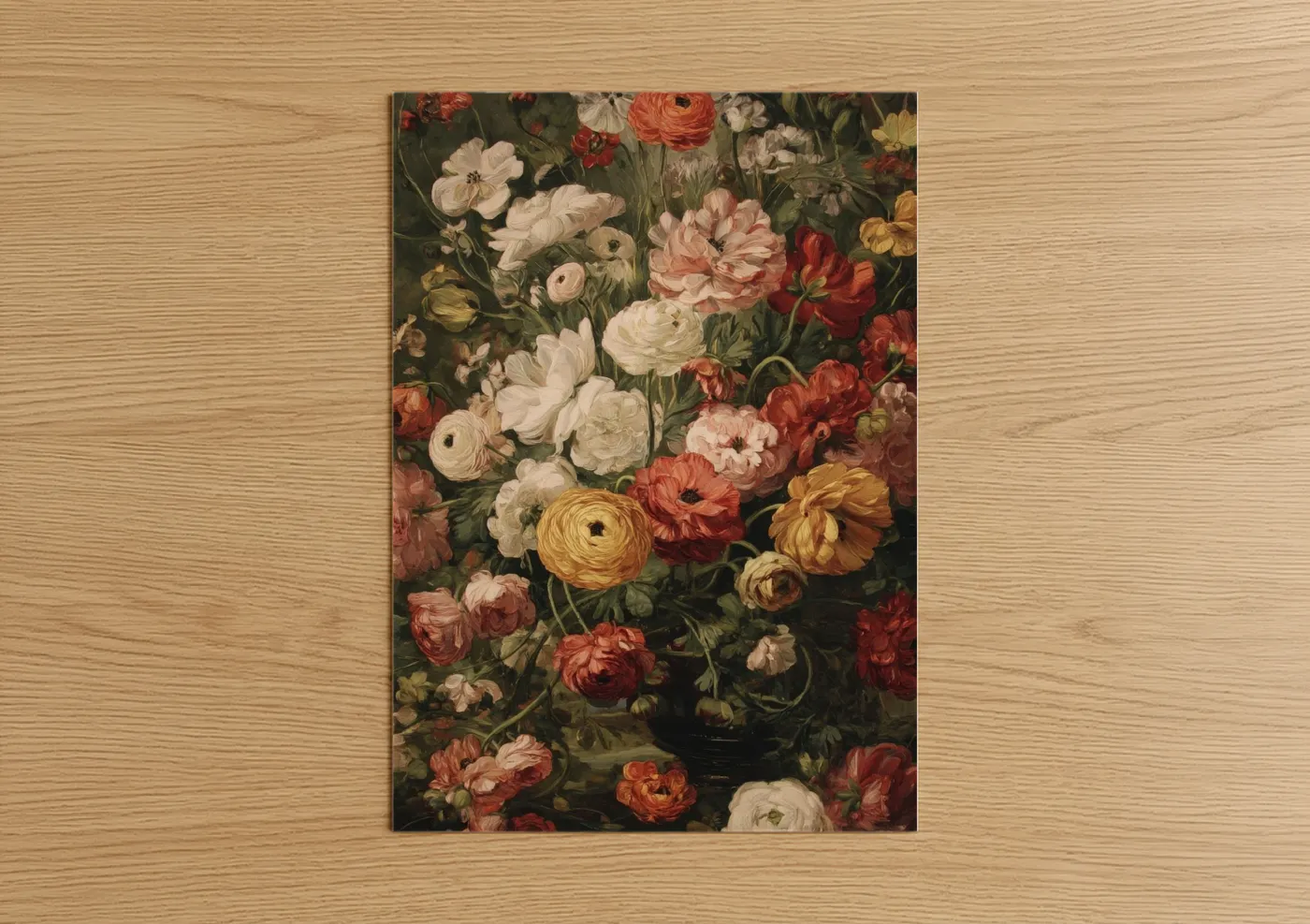 Art print on warm oak wood — cream and russet palette — Vintage Ranunculus Garden poster