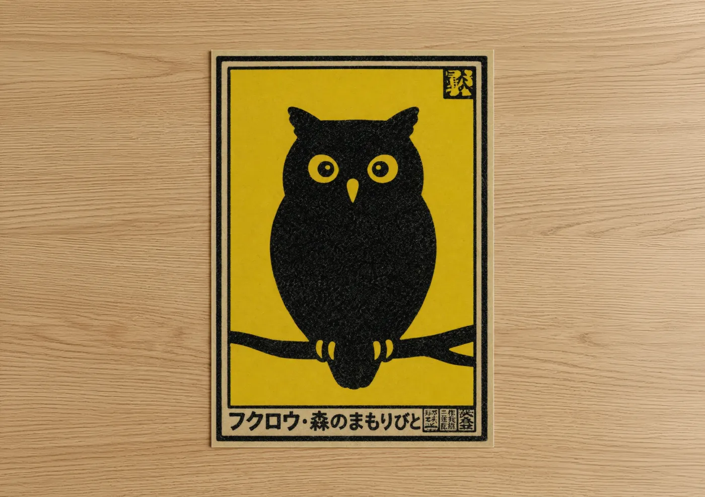 Art print on warm oak wood — yellow and black palette — Japanese Owl Minimalist Wall Art poster