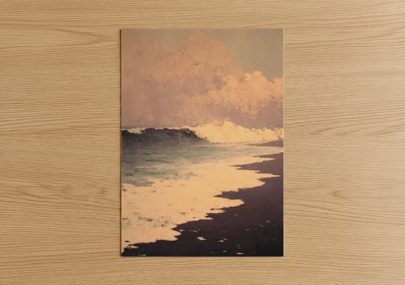 Art print on warm oak wood — peach and gold palette — Golden Dreamscape poster