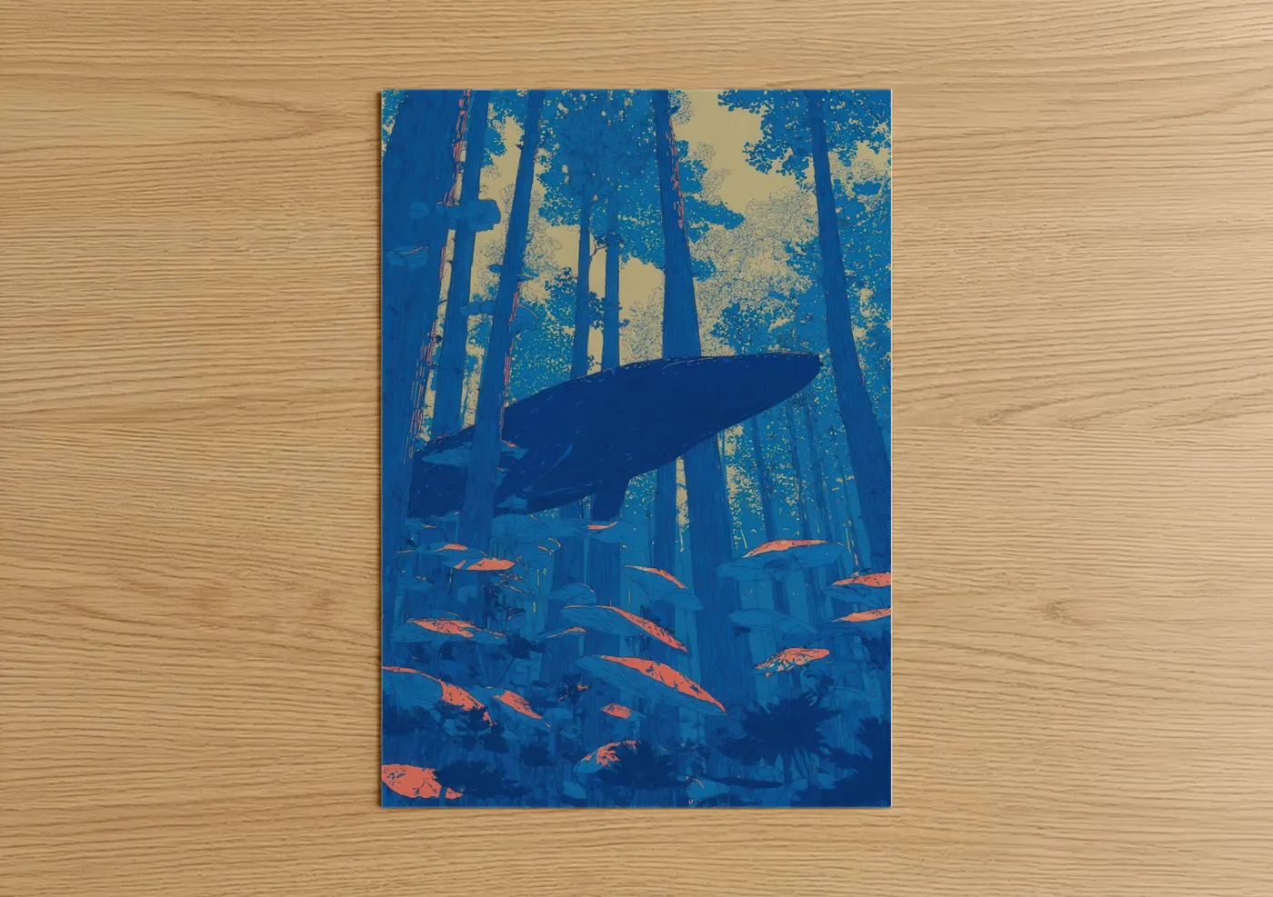 Art print on warm oak wood — blue and gold palette — Majestic Blue Whale poster